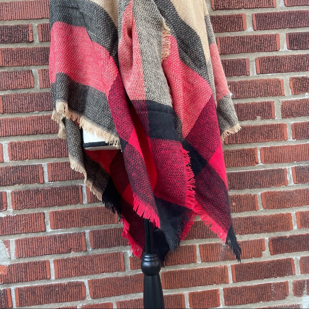 Oversized Plaid Fringe Warm Cozy Winter Fall Scarf Red Black Tan - Picture 5 of 7